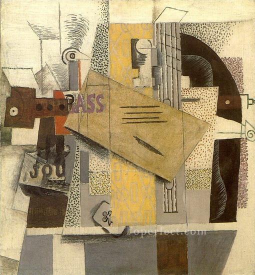 Bottle of Bass clarinet guitar violin journal ace of clubs The violin 1913 Pablo Picasso Oil Paintings